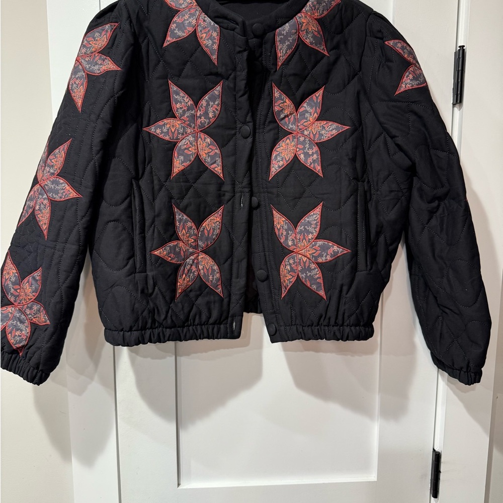 Black Quilted Jacket with Red Floral Pattern size L